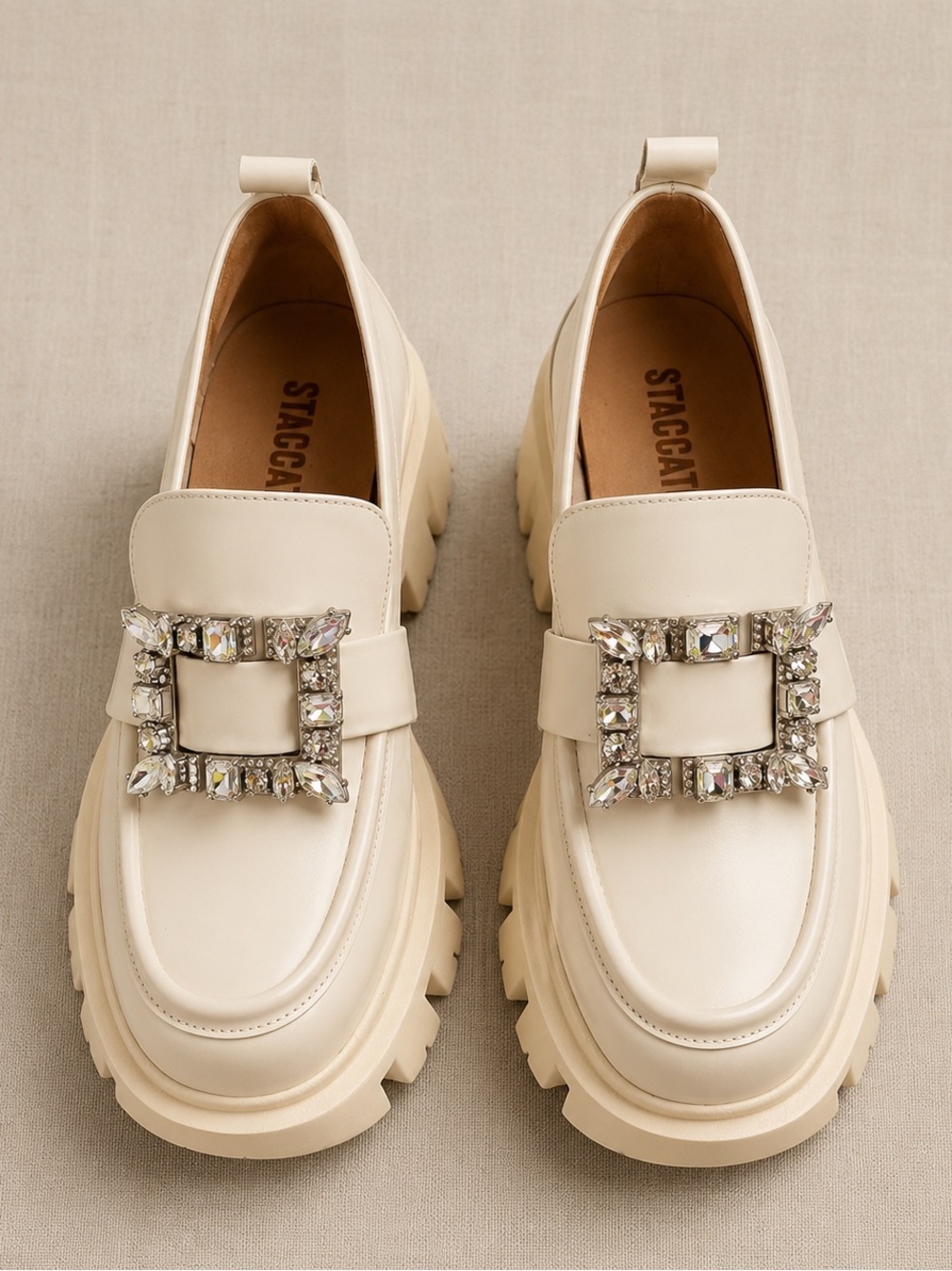 STACCATO Crystal Buckle Chunky Platform Loafers Ivory Leather EU 37 US 6